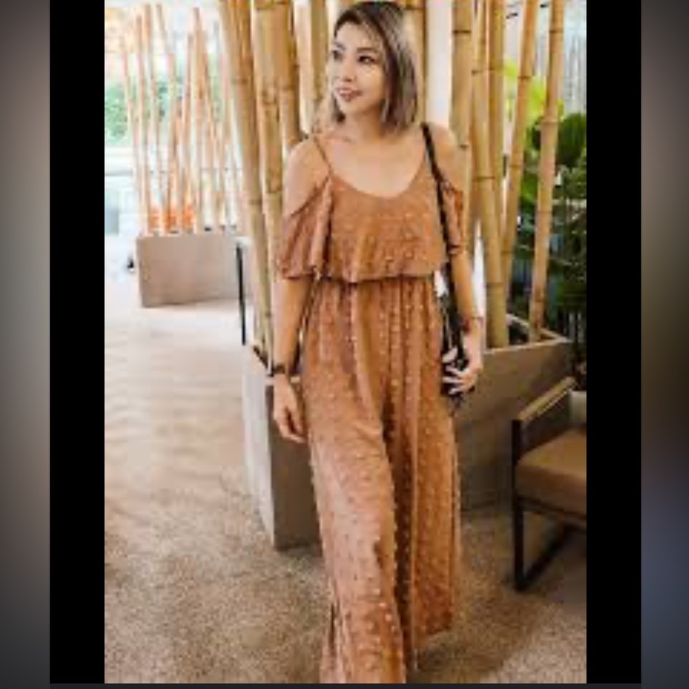 Shein Rust Maxi jumpsuit with Ruffle wide leg Detail off the shoulder popcorn M